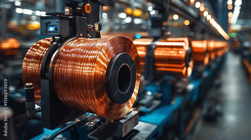 A close-up of a spool of copper wire on a conveyor belt in a factory setting A close-up of a spool of copper wire on a conveyor belt in a factory setting