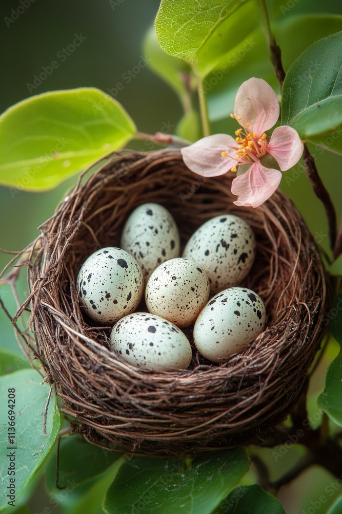 Nest with speckled eggs surrounded by leaves and a blooming flower in natural environment