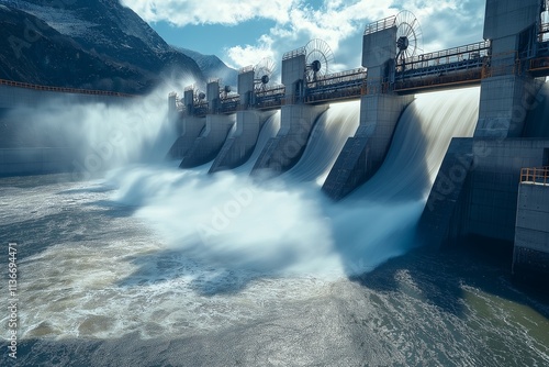 Vibrant hydroelectric dam scene with rushing water and spinning turbines, illustrating the power of clean energy generation for ecological sustainability and zero carbon emissions. photo