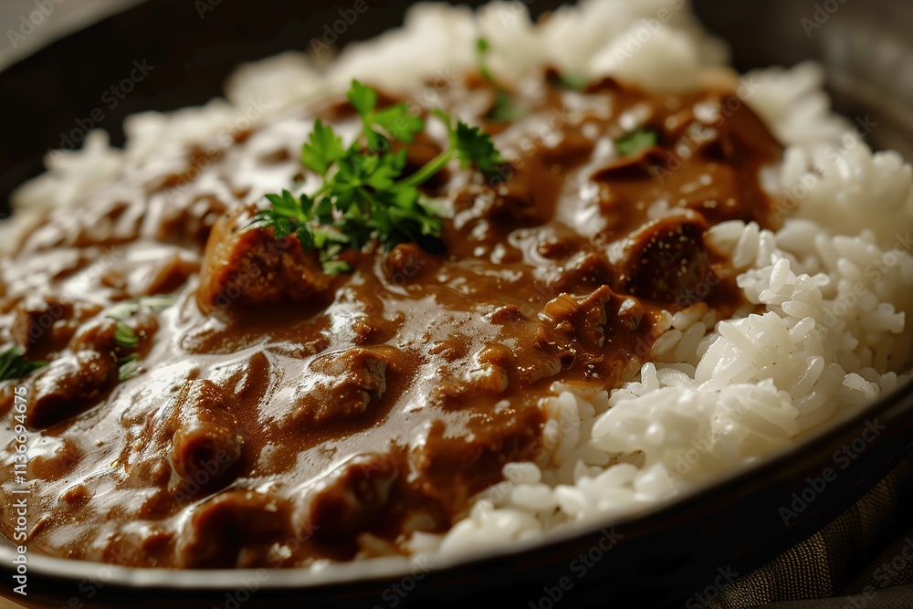A bowl of rice and beans with parsley on top A bowl of rice and beans with parsley on top