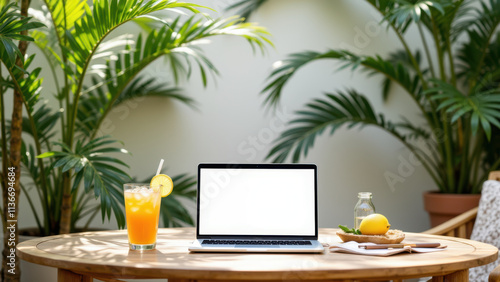 Summer Fridays work setting with laptop on wooden table. photo