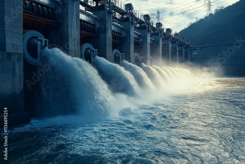 Dynamic view of a hydroelectric dam with cascading water and electric turbines powered by the flowing river, showcasing clean energy generation for a sustainable future. photo