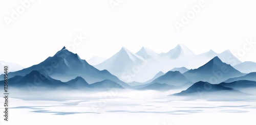 Serene misty mountain range landscape.