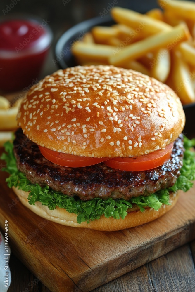 Gourmet burger served with fries and a glass of red wine at a cozy restaurant setting Gourmet burger served with fries and a glass of red wine at a cozy restaurant setting