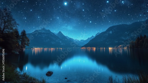 Starlit reflection over a tranquil lake at dawn with mountains in the distance photo