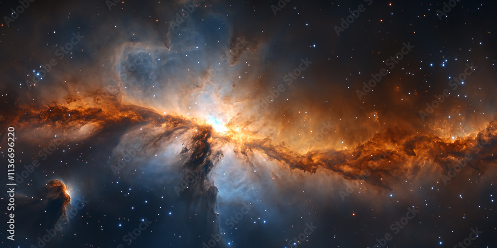 A nebula in space, with blue and orange colors, a bright star at the center of it A nebula in space, with blue and orange colors, a bright star at the center of it