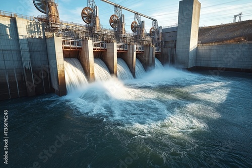 Vibrant hydroelectric dam scene with rushing water and spinning turbines, illustrating the power of clean energy generation for ecological sustainability and zero carbon emissions. photo