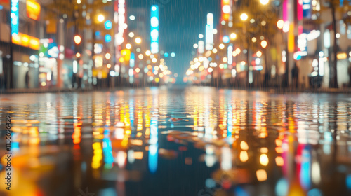 Vibrant city lights reflect on wet streets, creating a colorful, blurred scene in the rain. The atmosphere is lively and urban.