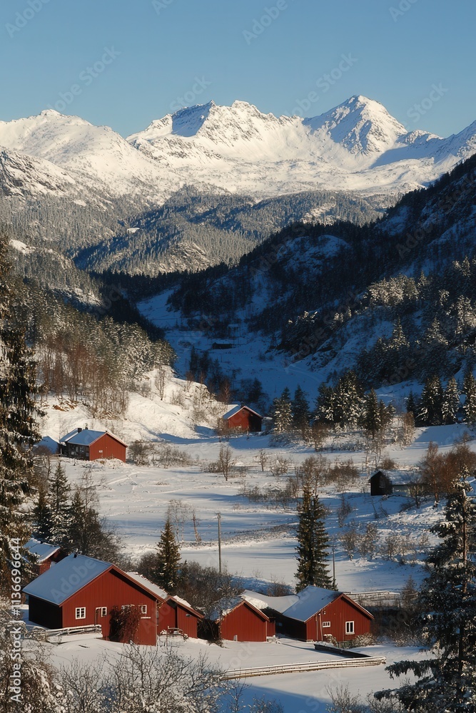 Fototapeta premium The stunning winter scenery of the Lofoten Islands, featuring mountains and fjords, bathed in the beautiful golden light of a morning sunrise in Norway