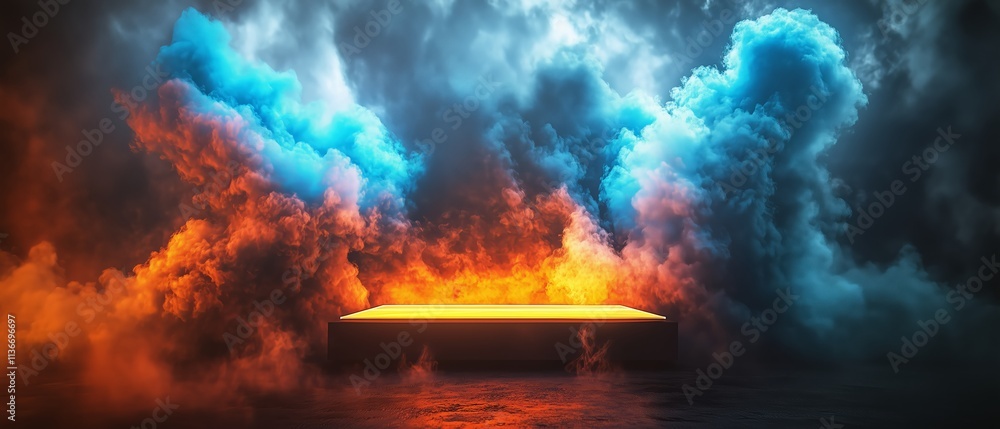 Fiery scene with a blue and orange cloud in the background. The fire is orange and the smoke is blue, creating a dramatic and intense atmosphere Fiery scene with a blue and orange cloud in the background. The fire is orange and the smoke is blue, creating a dramatic and intense atmosphere