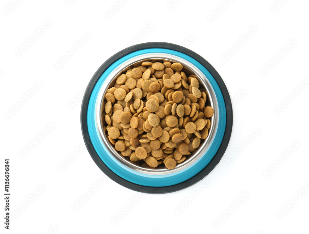 Dry pet food granules in feeding bowl isolated on white, top view Dry pet food granules in feeding bowl isolated on white, top view