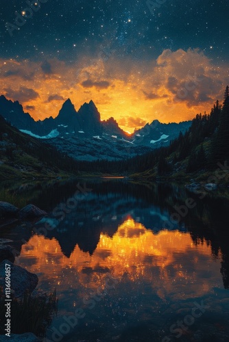 Night sky and sunset reflections over tranquil water in a serene mountain valley