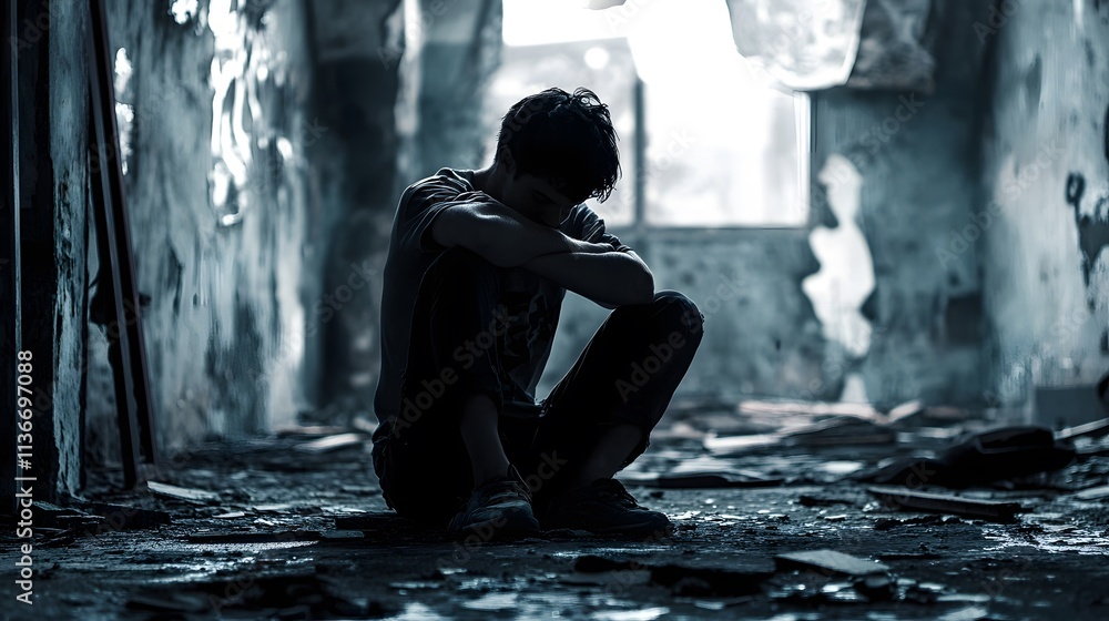 Young Boy Sitting Alone in an Abandoned Room Surrounded by Debris and Shadows, Illustrating Themes of Isolation, Despair, and Urban Decay Young Boy Sitting Alone in an Abandoned Room Surrounded by Debris and Shadows, Illustrating Themes of Isolation, Despair, and Urban Decay