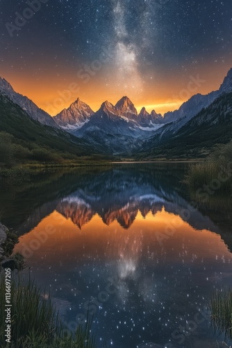 Night sky and sunset reflections over tranquil water in a serene mountain valley