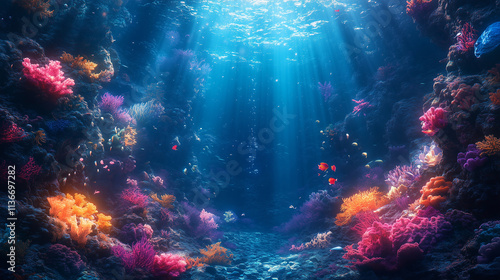 Vibrant underwater paradise filled with mythical creatures and colorful corals
