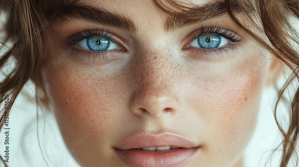 Close-up portrait of a person with striking blue eyes and natural beauty Close-up portrait of a person with striking blue eyes and natural beauty