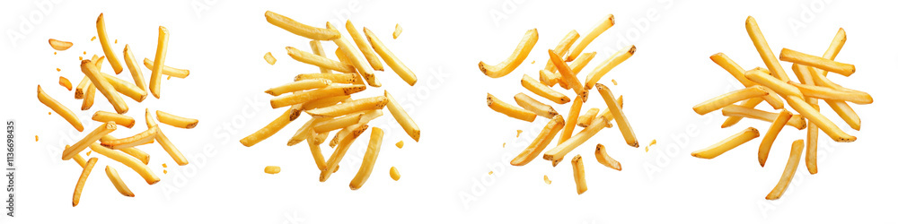 A Set of Fresh Golden French Fries Floating in Air, Isolated on Transparent Background A Set of Fresh Golden French Fries Floating in Air, Isolated on Transparent Background