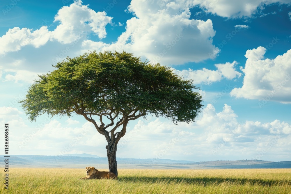 Obraz premium Majestic African Lion Resting Under Acacia Tree In Savanna