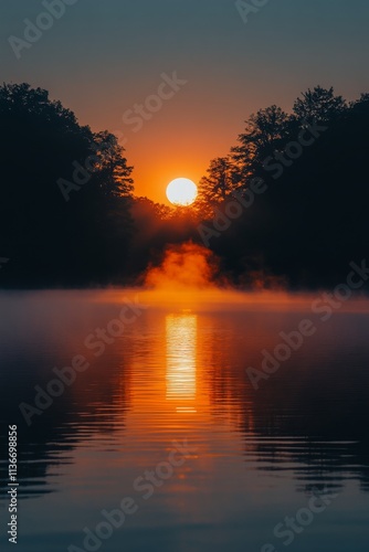 Sunset over a serene lake with vibrant clouds reflecting golden hues