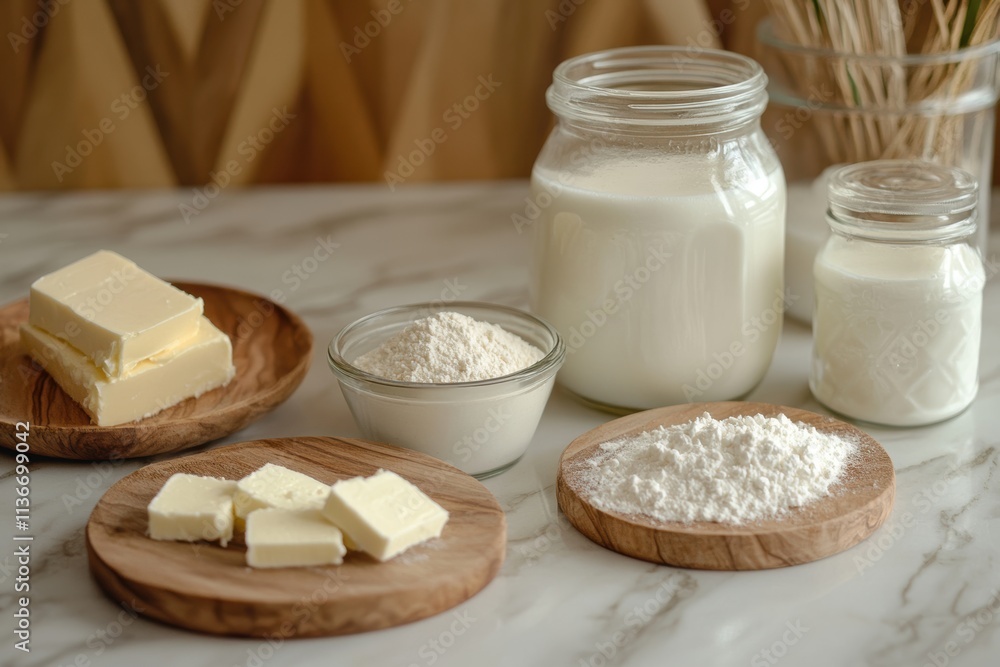 various milk products, such as milk powder and butter, on the table with a wooden background various milk products, such as milk powder and butter, on the table with a wooden background