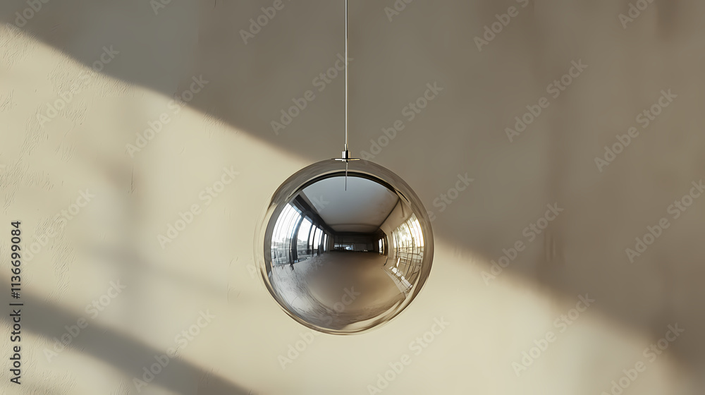 A photo of a shiny mirrored disco ball hanging by a thread near a wall. Mirrored. Illustration A photo of a shiny mirrored disco ball hanging by a thread near a wall. Mirrored. Illustration