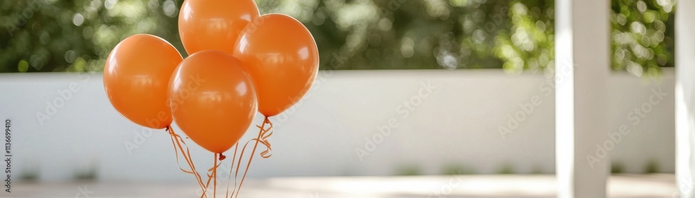 A cluster of vibrant orange balloons floats gently, brightening the outdoor setting with a cheerful ambiance. A cluster of vibrant orange balloons floats gently, brightening the outdoor setting with a cheerful ambiance.