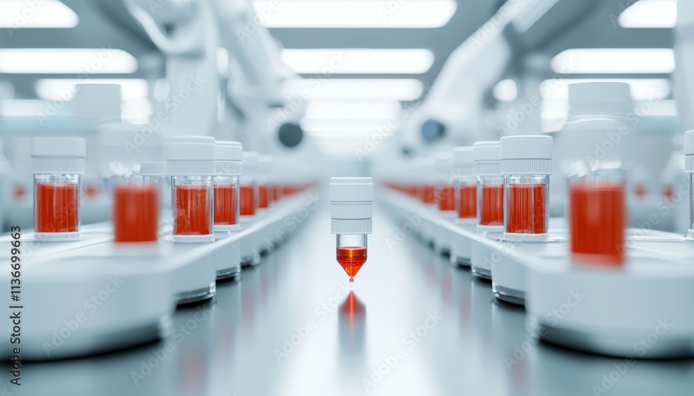 A robotic arm is transferring red liquid into test tubes in a modern laboratory setting. A robotic arm is transferring red liquid into test tubes in a modern laboratory setting.