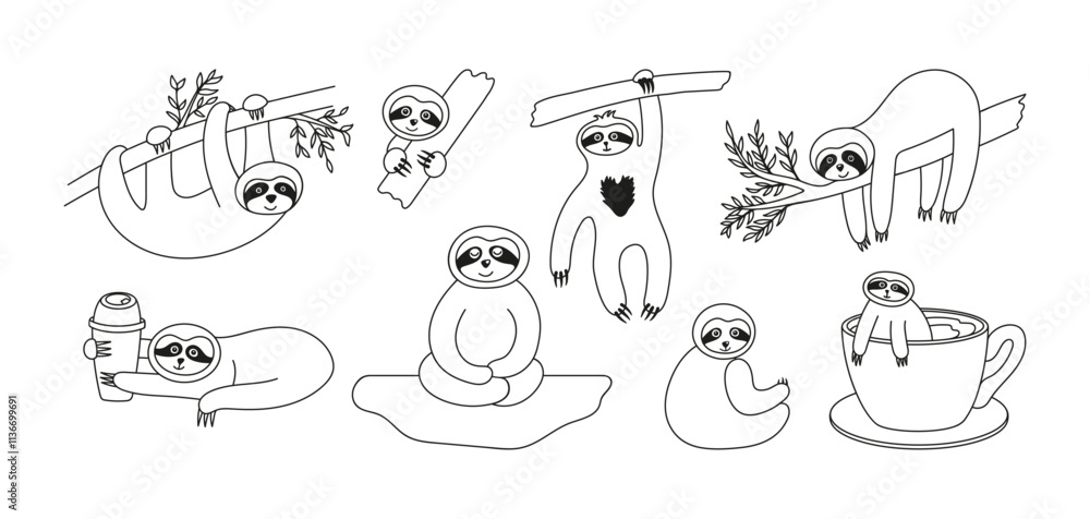 Adorable sloth animals collection doodle. Hand drawn tropical bears character on the tree, sitting, hanging and relax Adorable sloth animals collection doodle. Hand drawn tropical bears character on the tree, sitting, hanging and relax