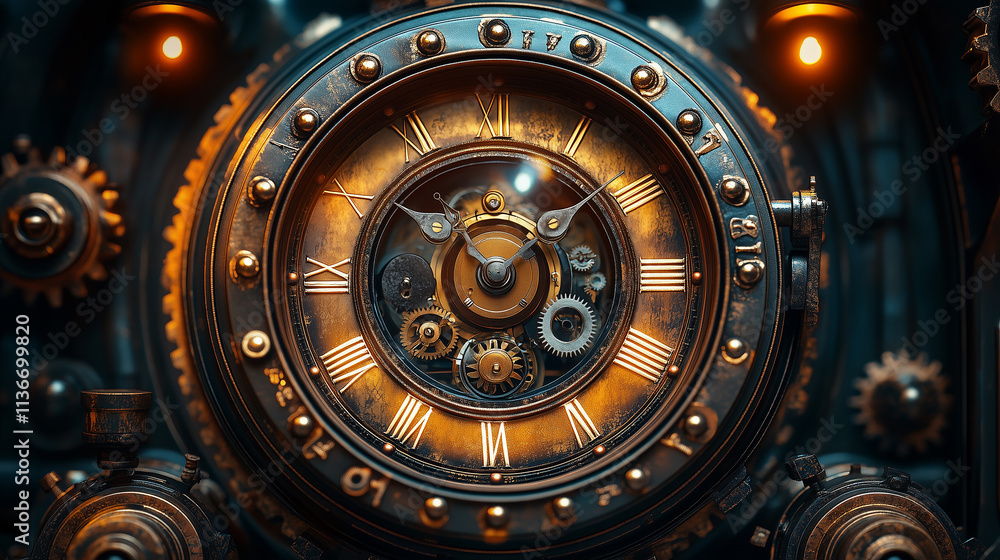 Intricate clock design showcasing complex gears and elegant detail in vintage style Intricate clock design showcasing complex gears and elegant detail in vintage style