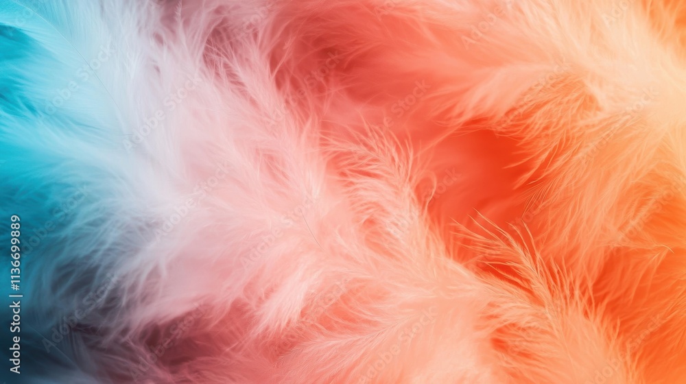 A vibrant, colorful texture featuring soft, flowing strands in shades of teal, orange, and white, resembling feathers or silky fabric.