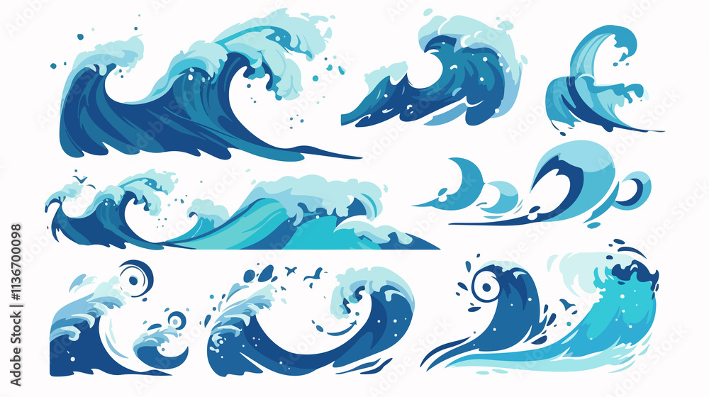 Soothing Blue Ocean Waves and Silhouette Sea Wave Signs Soothing Blue Ocean Waves and Silhouette Sea Wave Signs