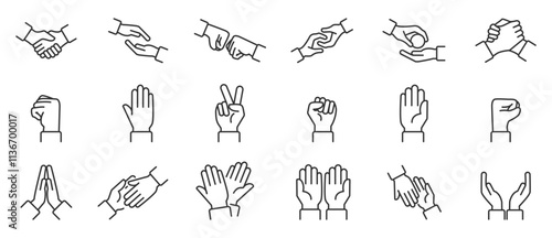 Simple set of hand line icons. Hand gesture linear icon set. Palm indicates fist, handshake, peace and love. Hand icon set. Contains gestures, collection of Vector icons in line form. 