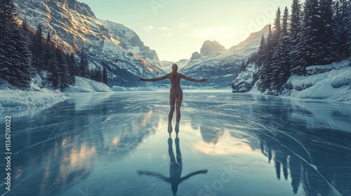 Fototapeta Naklejka Na Ścianę i Meble -  Skating on a frozen lake surrounded by mountains at sunset during winter