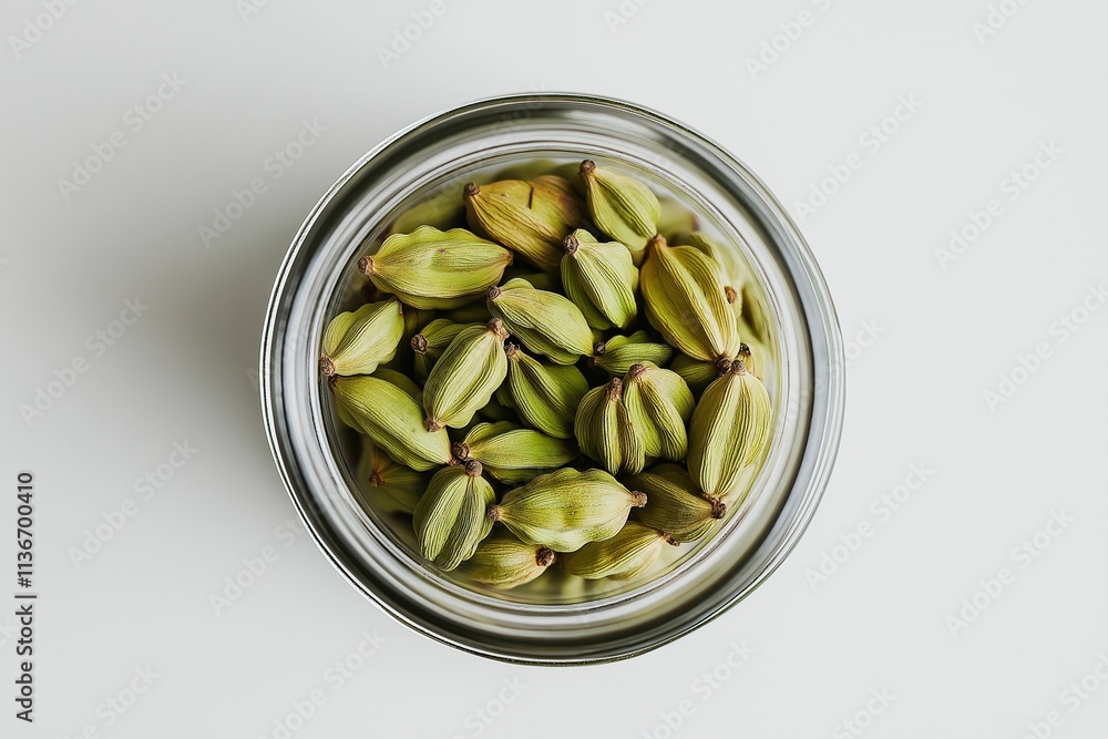 A small glass jar filled with vibrant green cardamom pods, showcasing their rich texture and color against a clean white background, ideal for culinary visuals. A small glass jar filled with vibrant green cardamom pods, showcasing their rich texture and color against a clean white background, ideal for culinary visuals.
