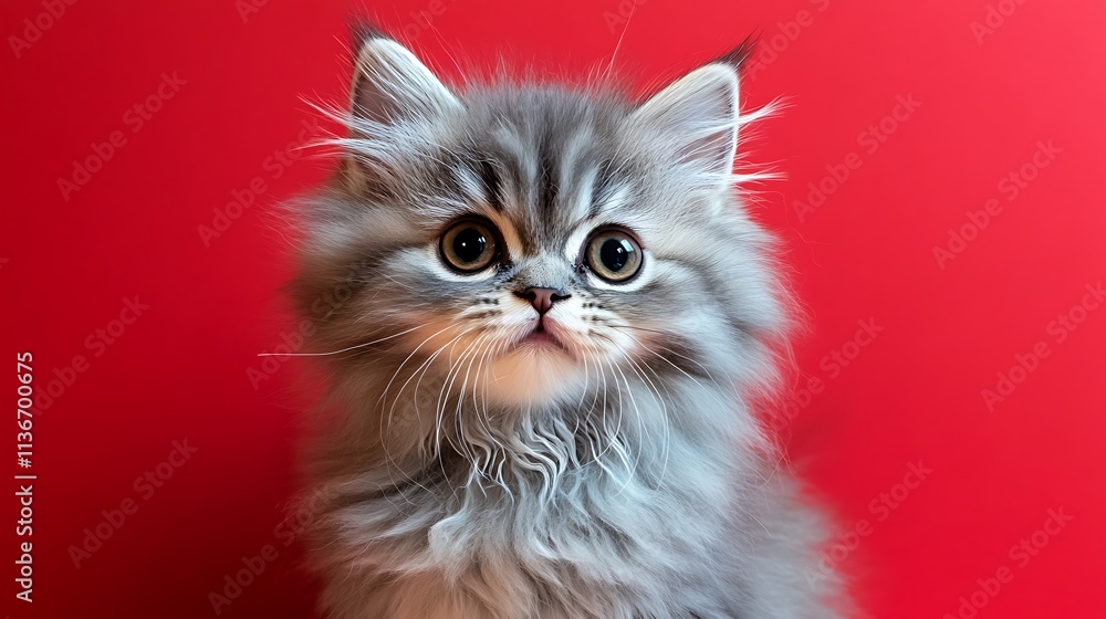 A fluffy grey Persian kitten, staring directly into the camera with its large, expressive eyes, placed on a vibrant red background. The fur is exceptionally detailed and soft-looking. A fluffy grey Persian kitten, staring directly into the camera with its large, expressive eyes, placed on a vibrant red background. The fur is exceptionally detailed and soft-looking.