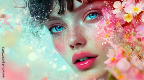 Close-up portrait of a young woman with expressive eyes and rosy cheeks, surrounded by vibrant flowers and ethereal light effects. photo