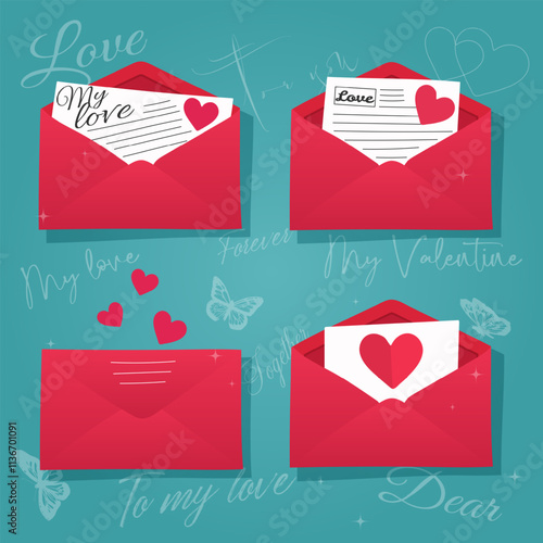 Cute Valentines Day red envelope set with love letters, hearts, and handwritten messages. Perfect for scrapbooking, greeting cards, posters, invitations, and stickers.