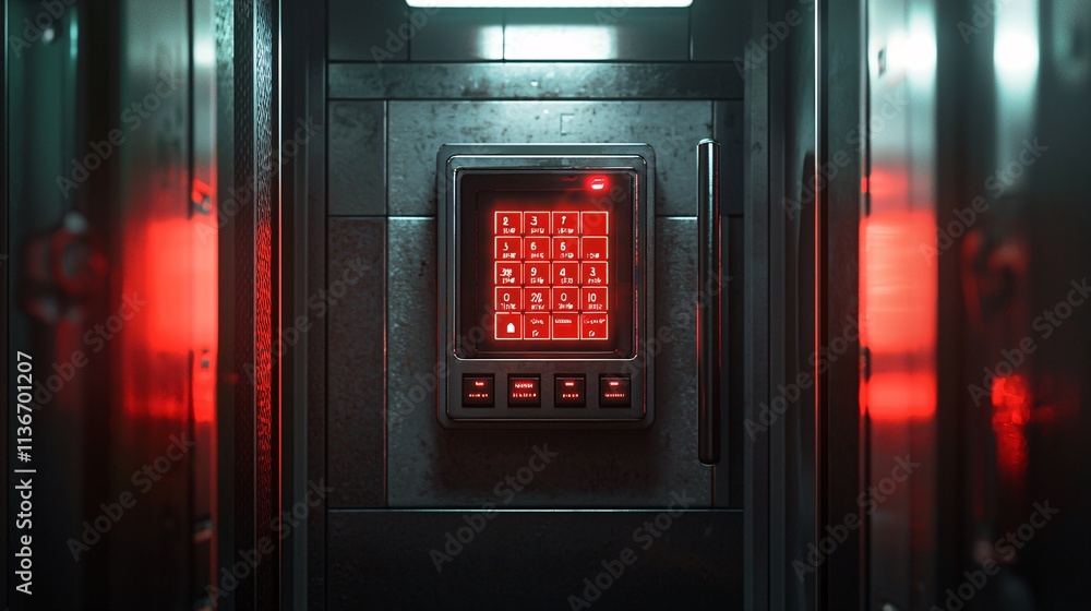 Fototapeta premium High-Tech Security System with Digital Keypad and Red Lighting in a Modern Safe Room Environment, Showcasing Advanced Security Features and Contemporary Design Elements