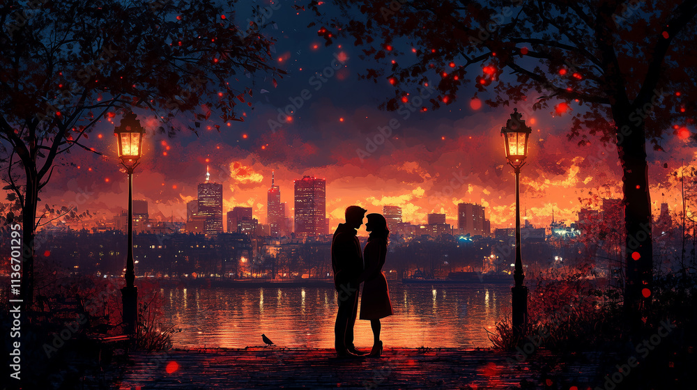 Fototapeta premium Couple in soft evening light sharing a romantic kiss by the riverside with city skyline
