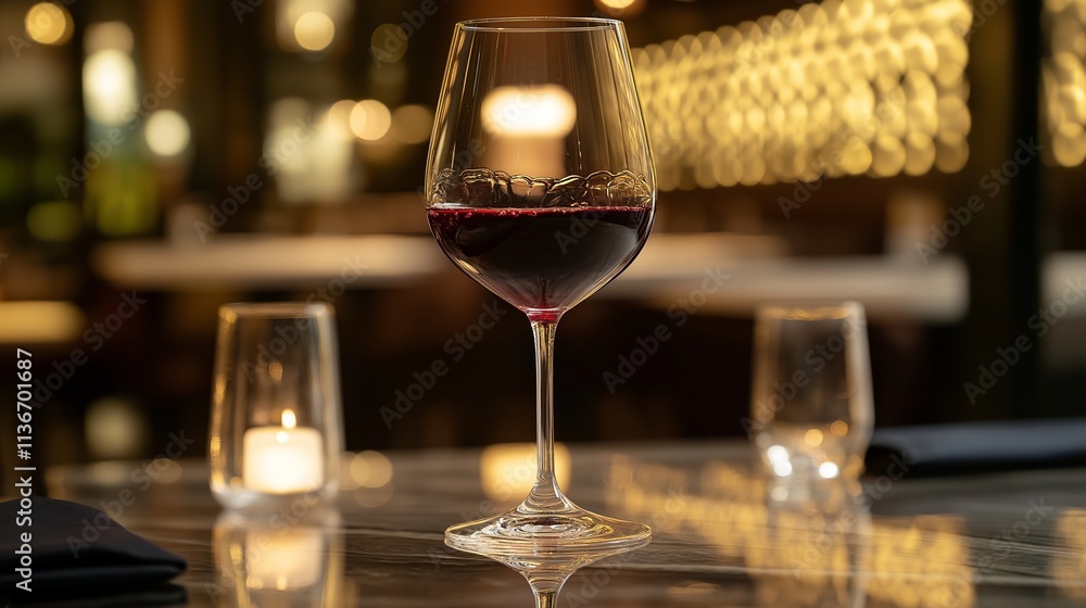 Shiraz wine glass elegantly placed on a restaurant table, surrounded by refined decor, soft lighting enhancing the rich red hues of the wine. Shiraz wine glass elegantly placed on a restaurant table, surrounded by refined decor, soft lighting enhancing the rich red hues of the wine.