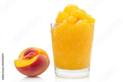 Front view of a refreshing peach-mango slush in a clear glass, isolated on a white transparent background. 