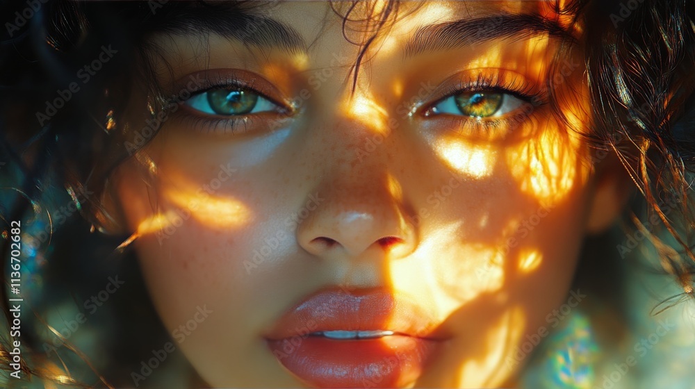Young woman with captivating eyes and glowing skin illuminated by colorful light at dusk Young woman with captivating eyes and glowing skin illuminated by colorful light at dusk