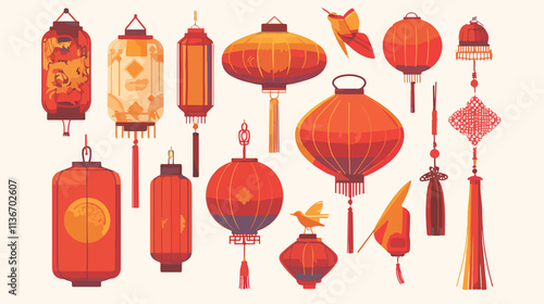 Chinese New Year Vector Icons Set with Paper Lantern