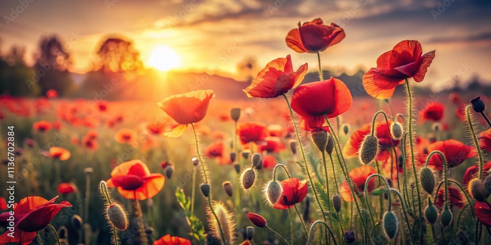 Fototapeta premium Vintage Style Photography of a Beautiful Poppy Field at Golden Hour, Capturing the Essence of Nature's Beauty and Nostalgia with a Soft Focus and Retro Vibe