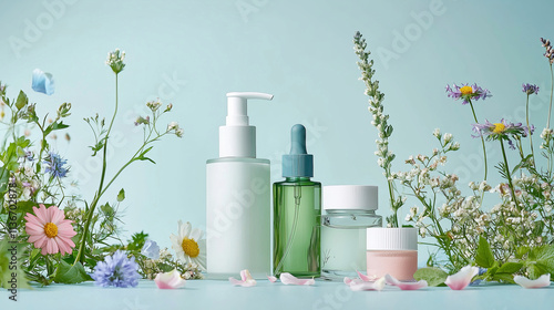 Natural skincare products amidst spring flowers on light blue background