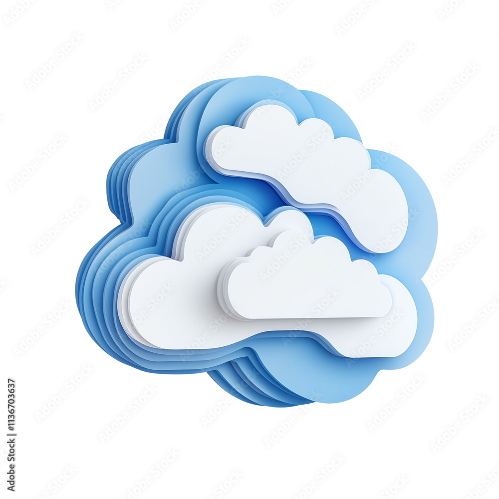 A detailed 3D cloud icon with layers of blue and white isolated on a transparent background A detailed 3D cloud icon with layers of blue and white isolated on a transparent background