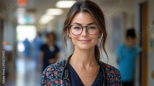 Smiling healthcare professional in a busy hospital corridor during daytime