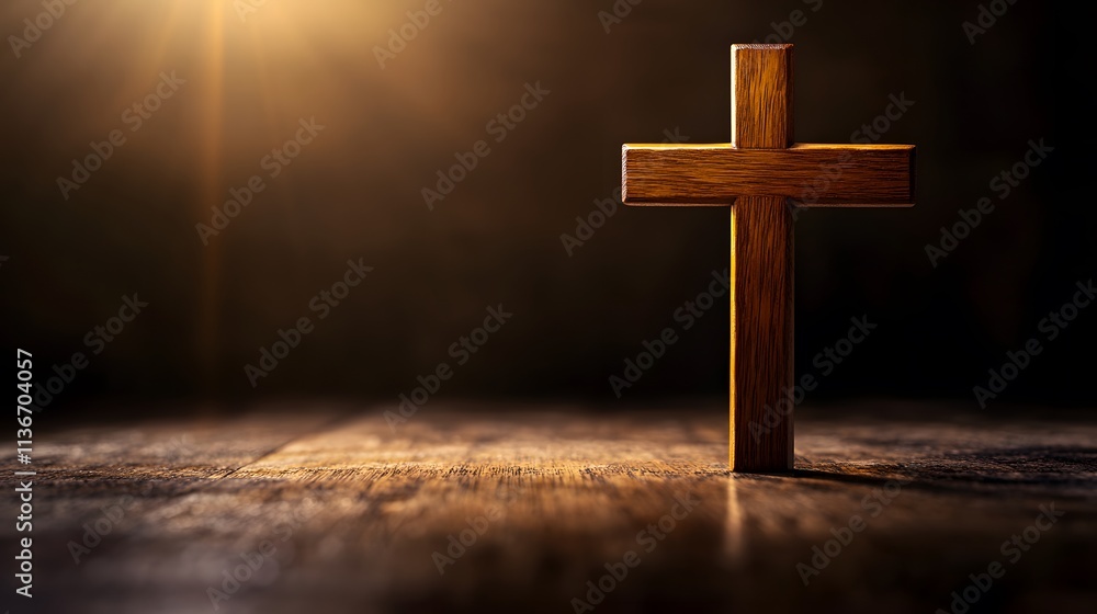 Naklejka premium Wooden Cross Rests on Dark Wooden Surface