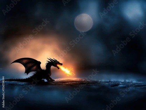 silhouette dragon breathing fire glowing Glowing Dragon Silhouette Fire-Breathing Dragon Art Soft Glow Mythical Dragon Silhouette of Flames and Power.Dragon's Fiery Elegance photo