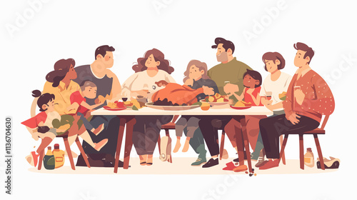 Festive family dinner scene with adults eating at holiday dining table